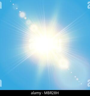 Realistic shining sun with lens flare. Blue sky with clouds background. Vector illustration Stock Vector
