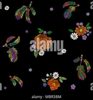 Embroidery boho native american indian feathers flowers arrangement. Clothes ethnic tribal fashion design decoration fabric. Fashionable template vector seamless pattern illustration Stock Vector
