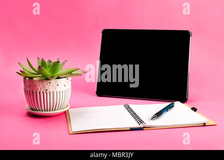 Green plant, open notebook, pen and tablet pc on blue background Stock Photo