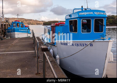 Glengarriff to Garnish Island passenger boats Harbour Queen 1 and 2 moored at Glengarriff Harbour, Glengarriff, County Cork, Ireland with copy space. Stock Photo