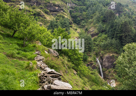 Summer mountain landscape with small waterfall and apple garden in Vashisht village Himachal Pradesh, India. Stock Photo