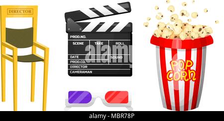 Movie elements. Vintage cinema, entertainment and recreation with popcorn. Retro Clapperboard. Filmmaking and video cassette, chair, film stock for Hollywood studio. Stock Vector