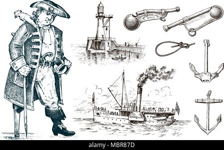 Pirate and Lighthouse and sea captain, marine sailor, nautical travel by ship. engraved hand drawn vintage style. summer adventure. Seagoing vessel and rope knots. Boat wheel and anchor. Stock Vector