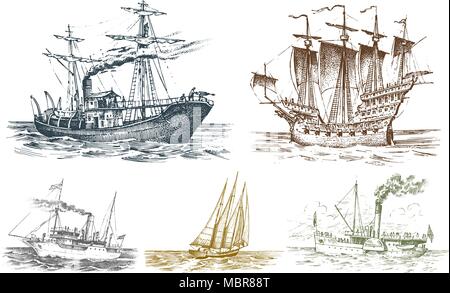 Motor ship in the sea, summer adventure, active vacation. Seagoing vessel with steam smoke from the pipe, nautical sail, marine boat. water transport in the ocean. engraved hand drawn in vintage style Stock Vector