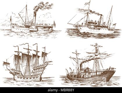 Motor ship in the sea, summer adventure, active vacation. Seagoing vessel with steam smoke from the pipe, nautical sail, marine boat. water transport in the ocean. engraved hand drawn in vintage style Stock Vector