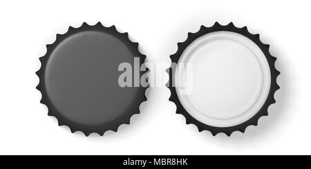 Blank, black beer caps, isolated on white background, front and back view, space for text, top view. 3d illustration Stock Photo