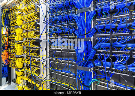 Rack with generic ethernet cat5e cables, part of a large company data center. Stock Photo