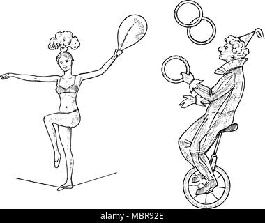 The clown on the wheel juggles with skittles or balls on white background. Street actor or artist in circus. Performer acrobat. Engraved Hand drawn sketch in vintage victorian style. Stock Vector