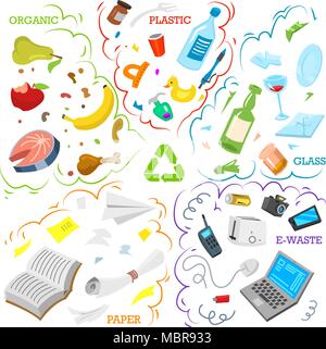 Recycling garbage elements. Sorting and Utilize food waste, metal, paper, plastic, battery, glass, organic. Ecology symbol. Segregation Separation and Industry management concept. disposal refuse bin. Stock Vector
