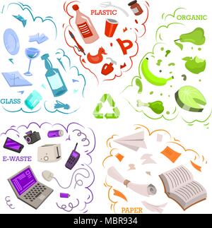 Recycling garbage elements. Sorting and Utilize food waste, metal, paper, plastic, battery, glass, organic. Ecology symbol. Segregation Separation and Industry management concept. disposal refuse bin. Stock Vector