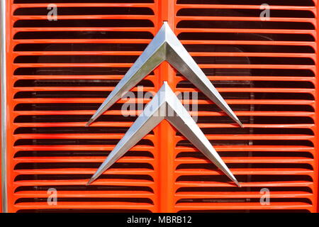 Citroen logo on red radiator grille, vintage car, Citroen van Stock Photo