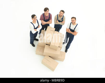 Young movers holding boxes isolated on white background, Stock Photo