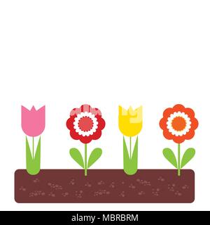 flowerbed with tulips and colorful flowers with green leaves in soil, with space for your text - vector Stock Vector
