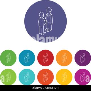 Two businessmen shaking hands icons set vector color Stock Vector