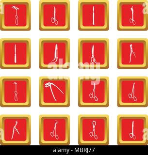 Surgeons tools icons set red square vector Stock Vector