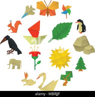 Origami craft icons set, cartoon style Stock Vector