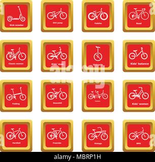 Bicycle types icons set red square vector Stock Vector