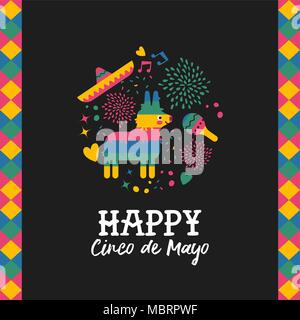 Happy Cinco de Mayo greeting card for traditional mexican holiday with cute donkey pinata and hand drawn elements. Festive mexico culture illustration Stock Vector