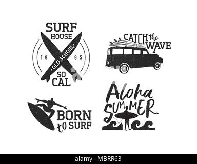 Vintage old school surf label set isolated over white, summer time vacation typography quotes with beach elements and tropical decoration. Includes su Stock Vector