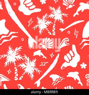 Surf summer pattern with hand drawn surfer icons. Vintage tropical background design in grunge texture style. EPS10 vector. Stock Vector