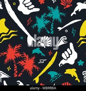 Surf seamless pattern with handmade grunge texture icons and doodles. Colorful surfer decoration tropical beach palm tree, surfboard, shark, shaka han Stock Vector