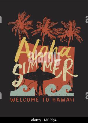 Aloha Summer surf poster with man taking surfboard to the beach. Hawaii island text calligraphy stamp ideal for print, card or textile use. EPS10 vect Stock Vector