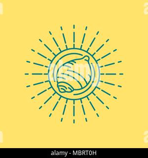 Beach sea shell icon in modern flat line art, summer vacation concept with sun shape frame. EPS10 vector. Stock Vector