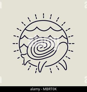 Summer beach vacation icon design in modern flat line art style. Abstract frame decoration with sea turtle. EPS10 vector. Stock Vector