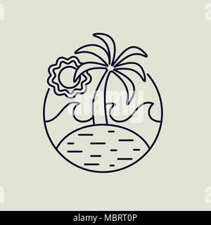 Tropical island line art icon in modern flat style. Summer beach illustration with palm trees, ocean waves and sun. EPS10 vector. Stock Vector