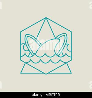 Surfing adventure with shark and surfboards in the sea, modern flat line art style icon. EPS10 vector. Stock Vector