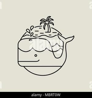 Summer island line art icon in modern flat style. Beach whale illustration with palm tree and ocean waves. EPS10 vector. Stock Vector