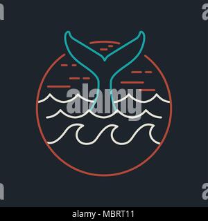 Summer vacation line art icon in modern flat style with whale tail swimming on ocean waves. EPS10 vector. Stock Vector
