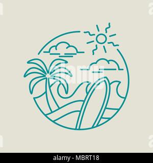 Summer vacation line art icon in modern flat style. Paradise beach illustration with palm trees, ocean waves and surfboard. EPS10 vector. Stock Vector