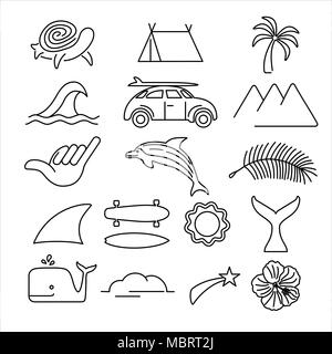 Summer icon set in modern line art style, big beach vacation symbol collection. Includes retro car, dolphin, surf elements and tropical plants. EPS10  Stock Vector