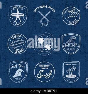 Vintage surf label set, summer vacation typography quotes with beach elements and tropical decoration for surfing shop, club or event. EPS10 vector. Stock Vector