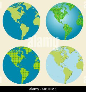 Set of four different terrestrial globes. Vector illustration. Stock Vector