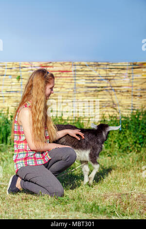 young beautiful girl is playing with a little goat Stock Photo
