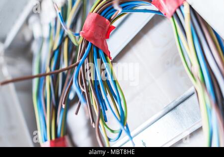Residential Home Electrical Cables Installation. Electric System. Stock Photo