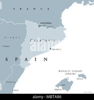 Catalonia political map with capital Barcelona and borders. Autonomous community of Spain on the northeastern extremity of Iberian Peninsula. Stock Photo