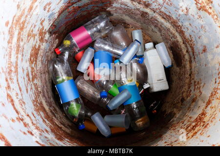 Bin,Trash, Garbage, Rubbish, Plastic Bags pile, Top view look of recycle bin, Made of old Barrel Oil circle and round Stock Photo
