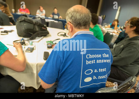 Chicago, Illinois - A teacher wears a t-shirt favoring teaching over testing. He was one of three thousand rank and file union activists from across t Stock Photo