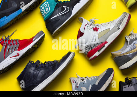 trainers against a bright background, studio shot, top view Stock Photo