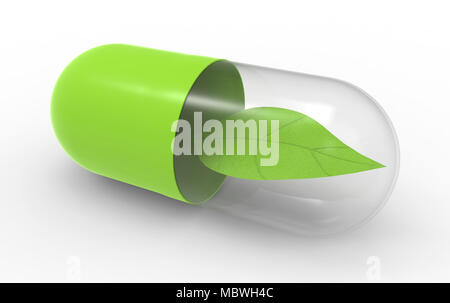 Alternative green medical capsule with healthy leaf inside. Close up. 3D illustration Stock Photo