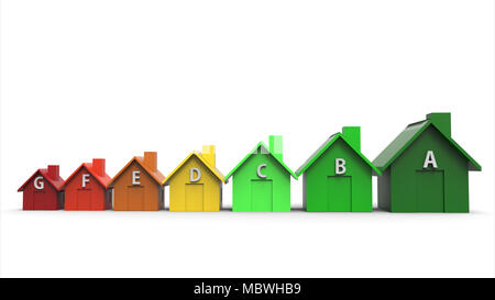 Multi colored houses energy efficiency directive concept with sign on the house. 3d illustration Stock Photo