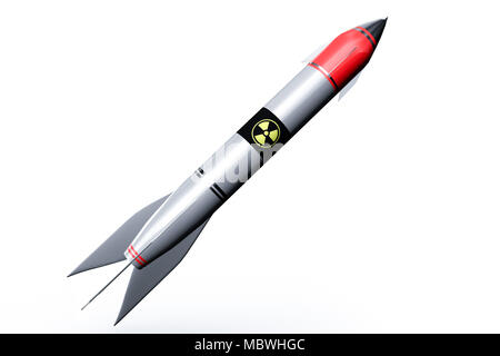 Hydrogen bomb in a rocket flying isolated on white background. 3D illustration Stock Photo