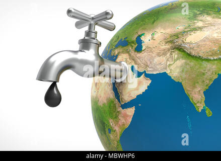 Oil drop leaking and faucet on earth planet. Oil and Gas concept. 3D illustration Stock Photo