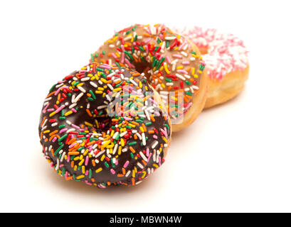 Various Flavored Sprinkle Donuts on a White Background Stock Photo