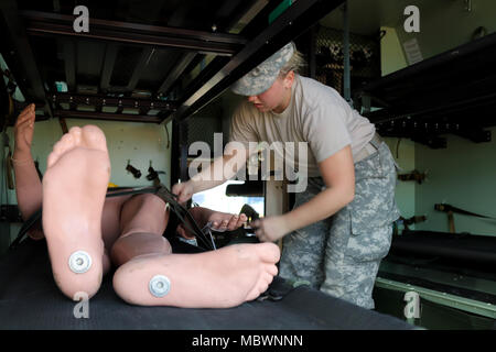 A Soldier assigned to the 409th Area Support Medical Company from Madison, Wisconsin straps in a simulated casualty during a Joint Training Exercise hosted by the Homestead-Miami Speedway and Miami-Dade Fire Department in Miami, Florida. Jan. 11, 2018. This JTE focused on building response capabilities and the seamless transition between the local first responders and the follow-on support provided by the National Guard and Active duty soldiers. (U. S. Army Photo by Spc. Samuel Brooks) Stock Photo