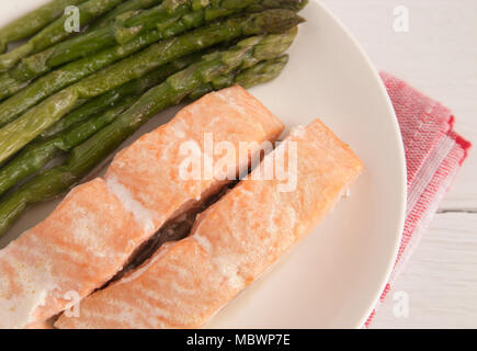 Simple Cooked Salmon Slices and Asparagus Spears Stock Photo