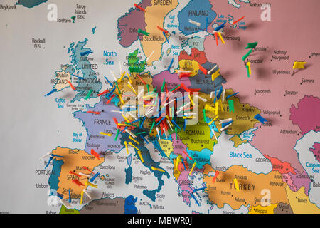 Colored flags on the map of Europe